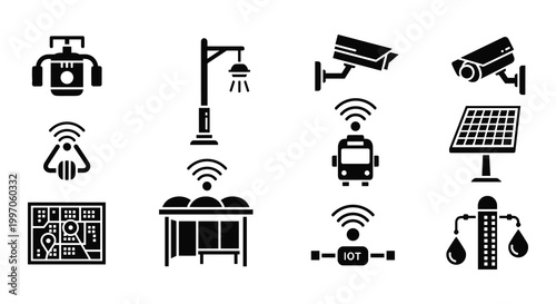 10 Smart City icons featuring CCTV camera, solar panel, bus stop and IoT, outline solid styles, UI and web interface design