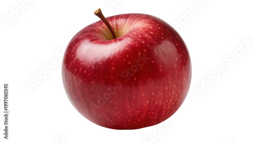Crimson speckled red apple with brown stem and calyx