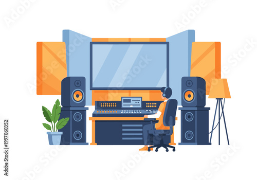 Sound engineer working in a modern recording studio with audio equipment and speakers