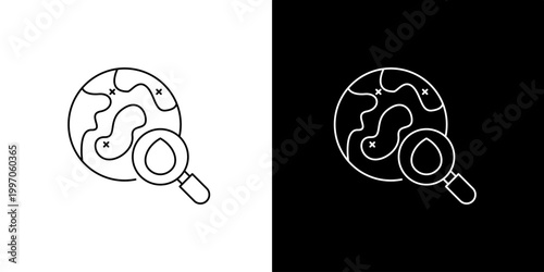 Single icon of magnifying glass over a globe showing continents and oceans for research and exploration