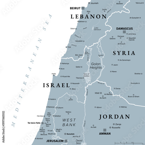 Tableau sur toile Southern Lebanon and northern Israel, gray political map