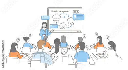 Illustration of a diverse group of students sitting at desks in a classroom with a teacher presenting a cloud-based system on a screen.