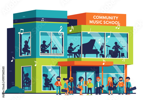 Community music school building with students and musicians practicing inside