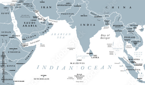 North Indian Ocean, gray political map with countries, international borders, and capitals. Tropical marine region, comprising Arabian Sea to the west of India and Bay of Bengal to the east. Vector