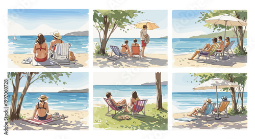 People relaxing on beach chairs enjoying the ocean view and summer vacation