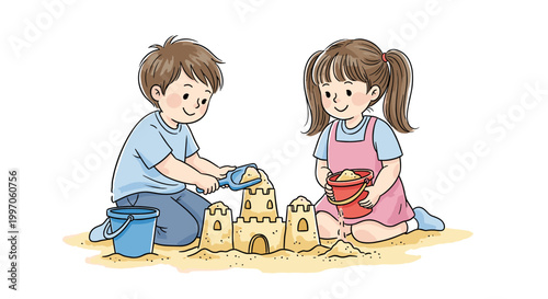 Children happily building a sandcastle together on a sunny day at the beach