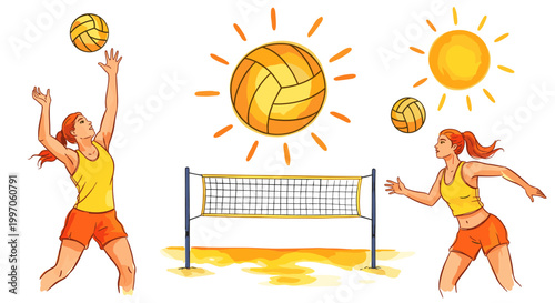 Two women playing beach volleyball under the hot summer sun