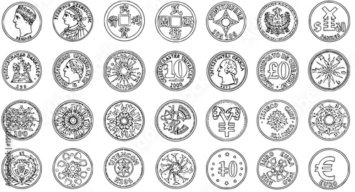 Collection of World Coins: Detailed Line Art Illustration of Global Currency