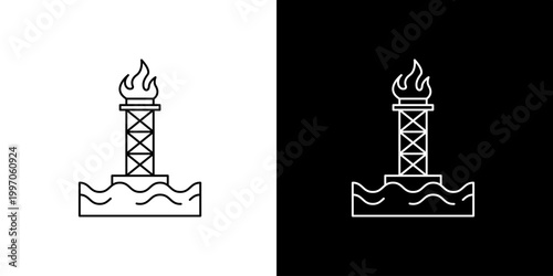 Oil Rig Icon Representing Energy Production and Marine Industry - Line Art Illustration