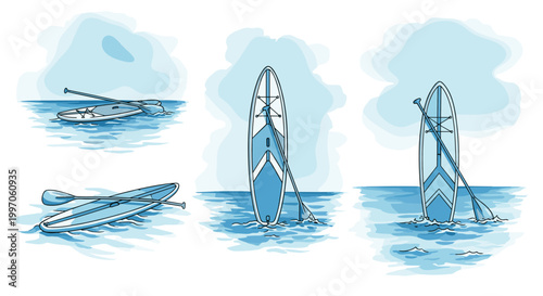 Stand up paddleboard and paddle illustrations on water in different positions