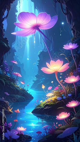 Enchanting fantasy scene depicts a moonlit river flowing through a canyon filled with luminescent flowers