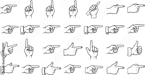 Detailed set of hand gestures line art vector illustrations including pointing fingers, number one sign, thumbs up, and hand holding a pen.