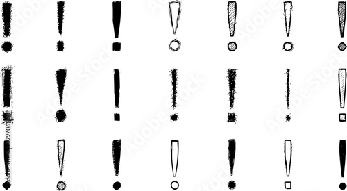 Hand-Drawn Exclamation Marks Collection: Diverse Sketchy, Grunge, and Doodle Punctuation Symbols for Emphasis and Attention.