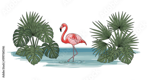 Vibrant pink flamingo wading through shallow water surrounded by lush tropical foliage