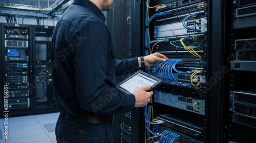 Professional network technician configuring server rack in data center. Data center infrastructure for network maintenance and digital connectivity.