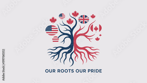 Patriotic Tree of Life with USA UK and Canada Flag Icons and Our Roots Our Pride Text