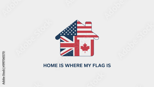 House Silhouette with USA UK and Canada Flags and Home Is Where My Flag Is Text