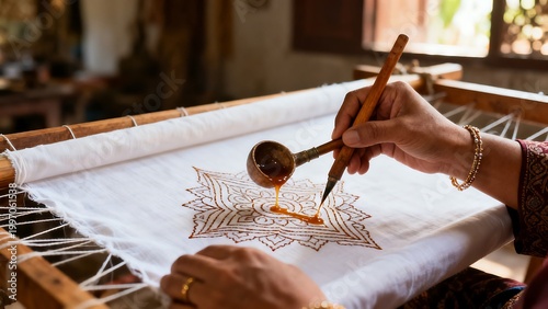 Artisan creating intricate batik art on fabric with hot wax, a traditional Indonesian craft