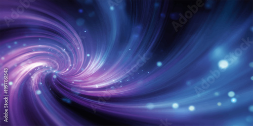Abstract blue background featuring glowing lines in a digital spiral motion with light energy swirls and a galaxy pattern over a dark texture