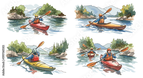 Kayakers enjoying a scenic river adventure with paddles and life vests