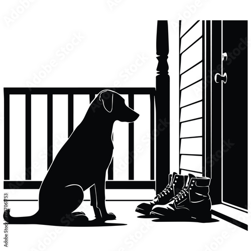 Loyal dog silhouette waiting at the porch door next to boots