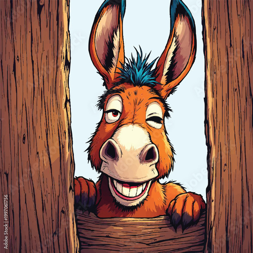 Cartoon donkey with toothy grin peeking through wooden planks humorous illustration