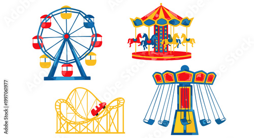 Collection of colorful amusement park rides including a Ferris wheel, carousel, and roller coaster