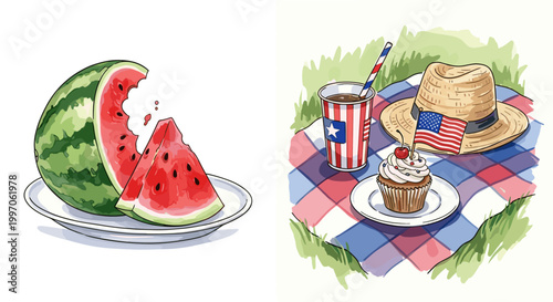 Summer picnic with watermelon, cupcake, and patriotic drink on checkered blanket