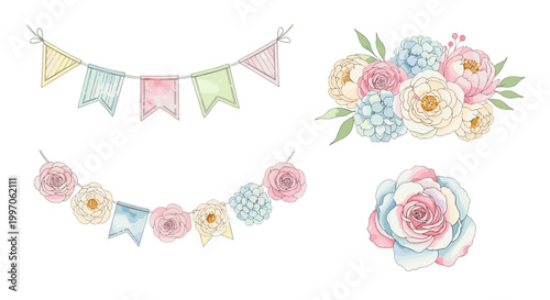 Soft pastel floral and bunting decorations for celebrations and parties