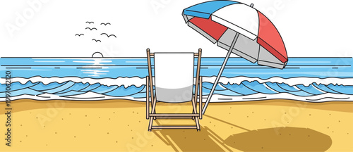 An empty lounge chair and beach umbrella await relaxation on a sandy shore with gentle ocean waves under a clear blue sky.