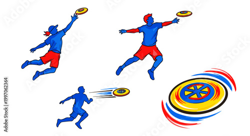 Athletes in action playing ultimate frisbee with dynamic poses and a flying disc
