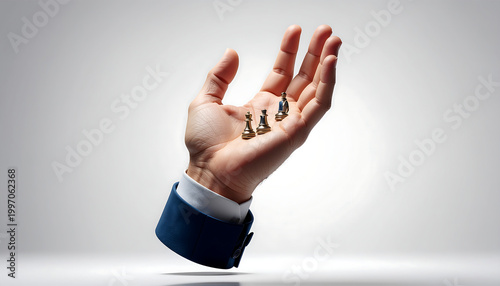 A professional's hand delicately holds an array of miniature chess pieces, symbolizing strategic planning, leadership, and the careful execution of pivotal business decisions and competitive advantage