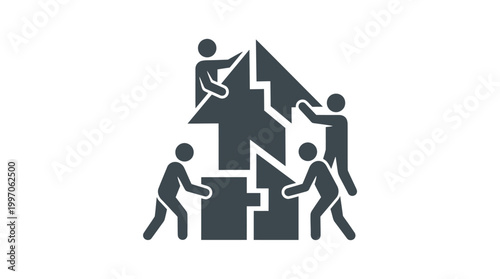 Business People Collaborating to Construct a House Shaped Structure from Puzzle Pieces on Isolated White Background