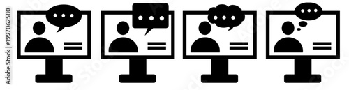 Banner Online conference icon set. Video meeting, interview, digital communication, webinar, device screen vector graphic design