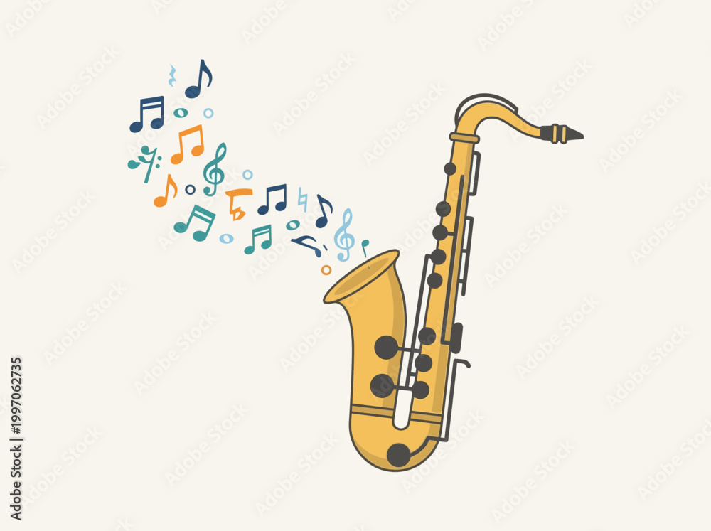 Naklejka premium Flat vector illustration of a golden saxophone with colorful musical notes and symbols