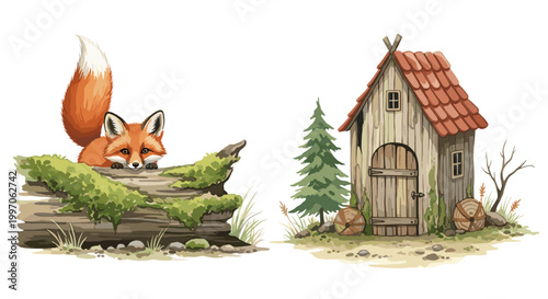 Charming fox peeking from mossy log near rustic wooden cabin in forest setting