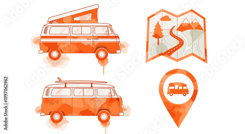 Vintage camper vans and travel map icons for road trip adventures