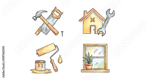 Set of hand-drawn icons representing home renovation and repair tasks