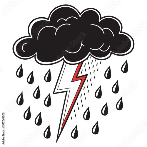 Storm Cloud with Rain and Lightning Bolt Warning Vector Icon Illustration