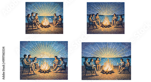 People gathered around a campfire on the beach at sunset, enjoying conversation