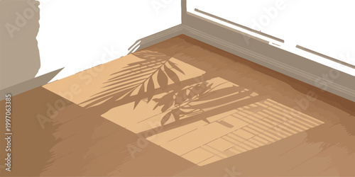 Bright morning sun rays passing through window casting leaf and blind shadows on wooden floor vector backdrop.