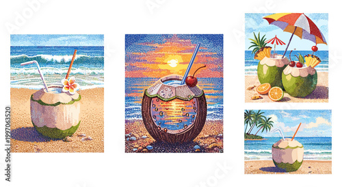 Refreshing coconut drinks on a sandy beach with ocean waves and tropical vibes