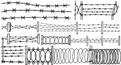 Fotografie Collection of Hand-Drawn Barbed Wire and Razor Wire Fences and Coils - Sketchy S