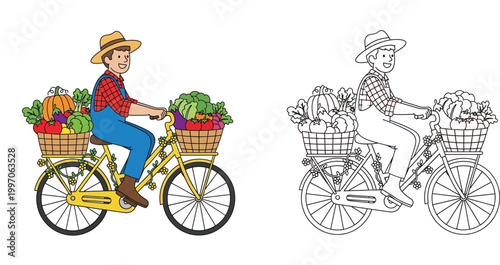 Happy Farmer on Bicycle with Harvested Vegetables and Fruits - Sustainable Living Cartoon