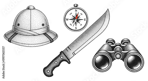 Vintage safari exploration gear including a pith helmet, machete, compass, and binoculars