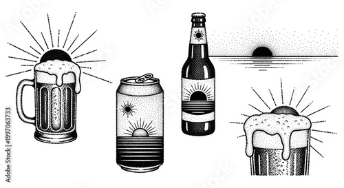 Collection of stylized beer mugs, cans, and bottles with sunset motifs