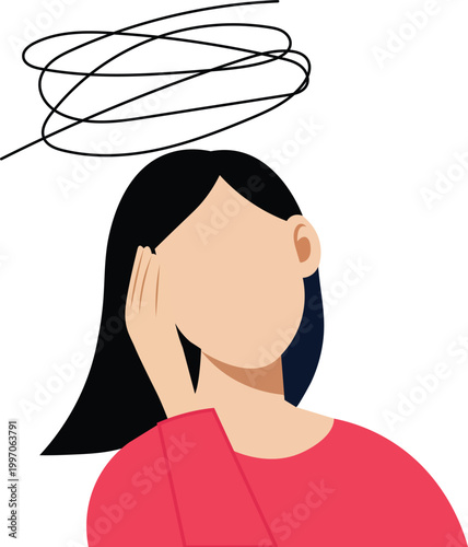 Woman with Dizziness Illustration. Includes Headache, Vertigo, Migraine, Stress, Confused, Sickness, Healthcare, and Medical. Professional Flat Vector Illustration.