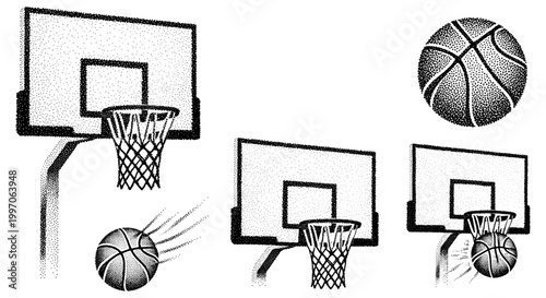 Collection of basketball hoops and balls in a stippled graphic style