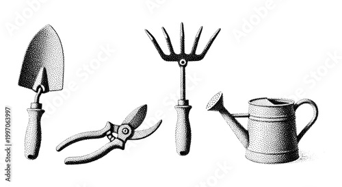 Set of vintage gardening tools including a trowel, pruners, cultivator, and watering can