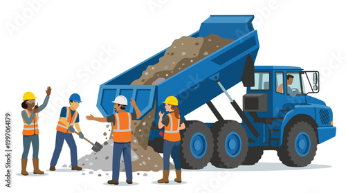 Construction Workers Unloading Gravel from Blue Dump Truck Vector Illustration Industry Scene